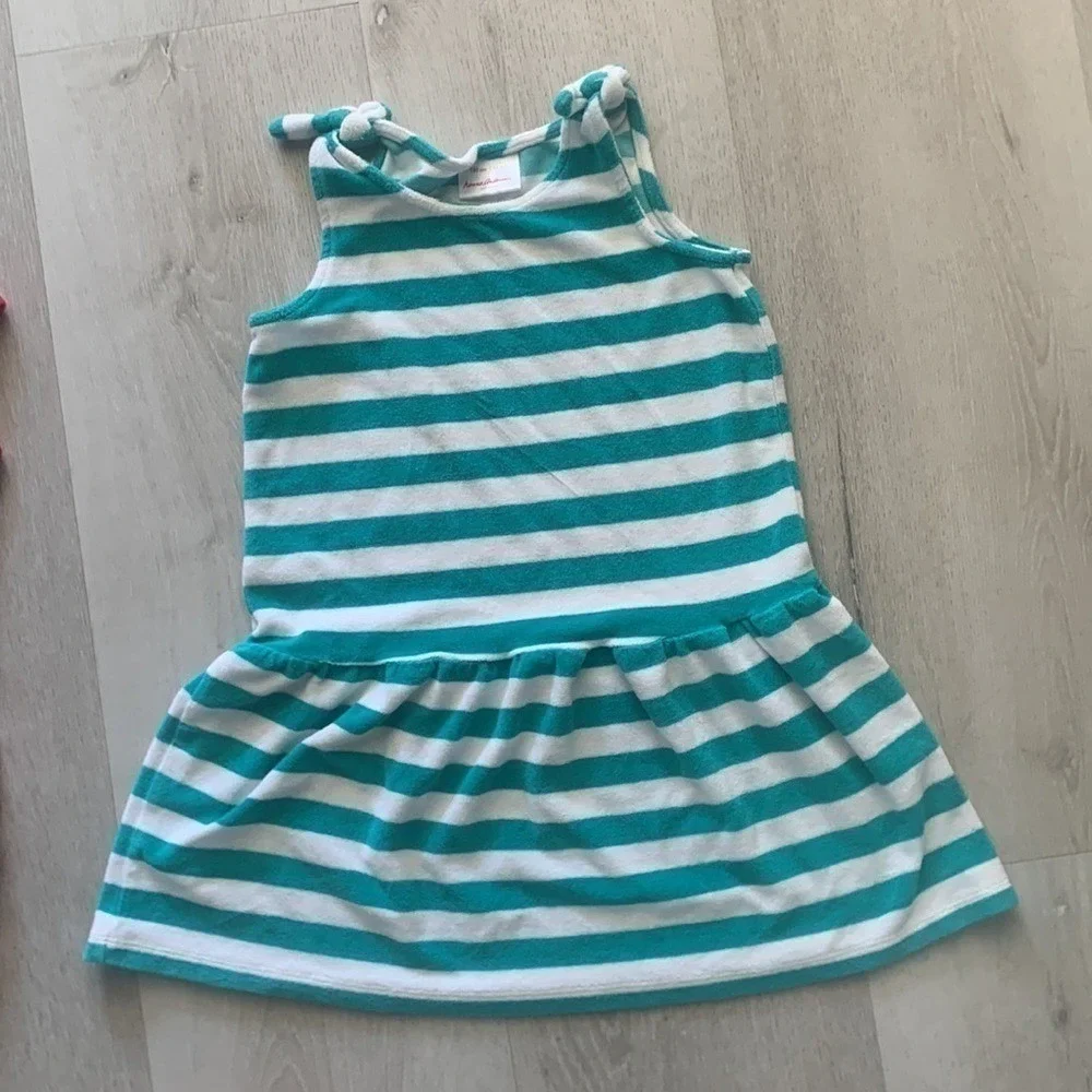 Hanna Andersson Girls Striped Dress Lot 2 Red Teal White Cotton Terry Size 6-7